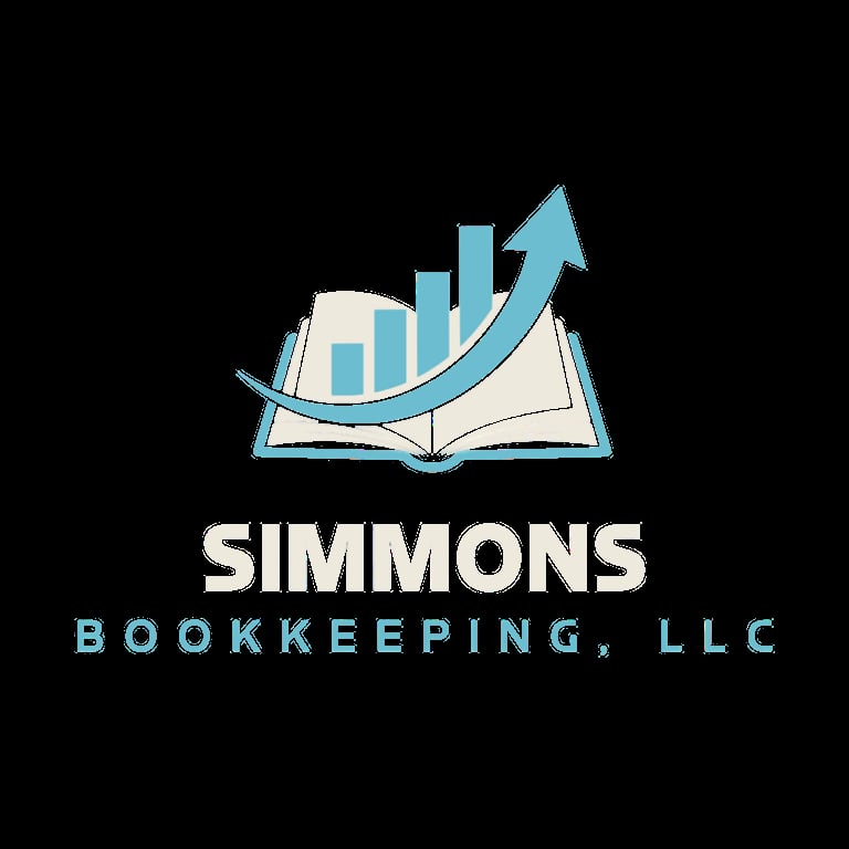 Simmons Bookkeeping LLC logo with an open book, bar charts, and upward trending arrow in teal and cream colors
